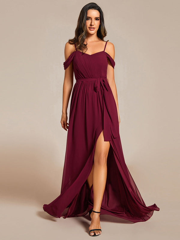 Chiffon Cold Shoulder Bowknot Bridesmaid Dress With Side Split