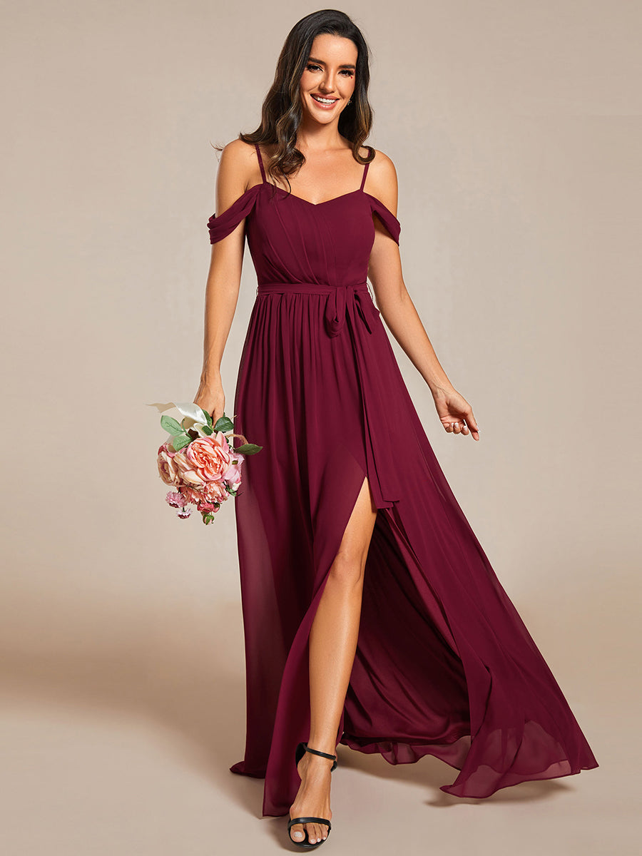 Chiffon Cold Shoulder Bowknot Bridesmaid Dress With Side Split - CALABRO®