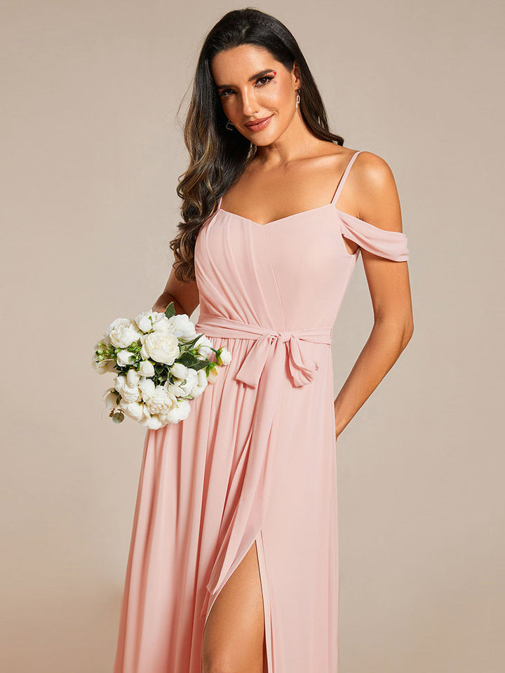 Chiffon Cold Shoulder Bowknot Bridesmaid Dress With Side Split - CALABRO®