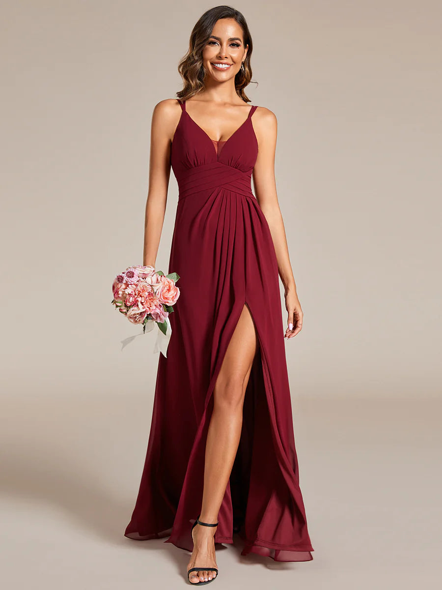 Plunging Neck Split Spaghetti Strap Back X-Cross Bridesmaid Dress - CALABRO®