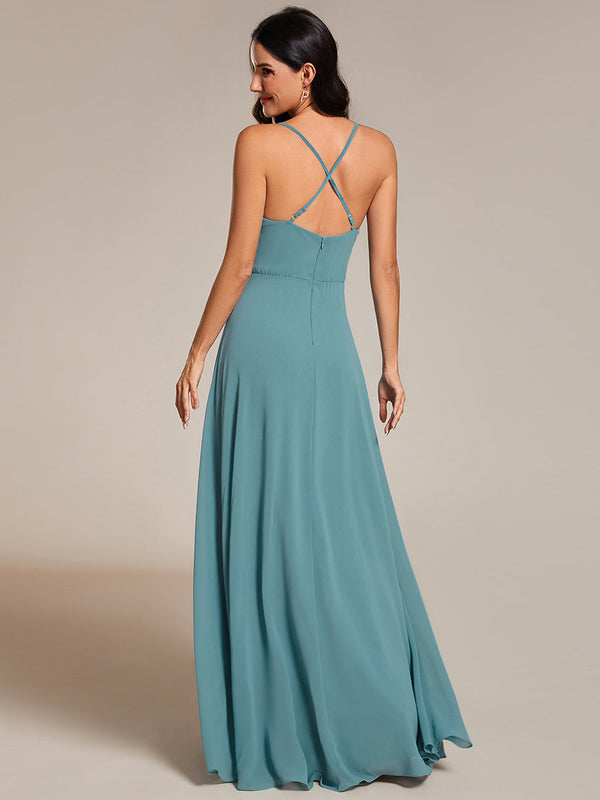 Spaghetti Straps Draped Collar Floor Length Bridesmaid Dress