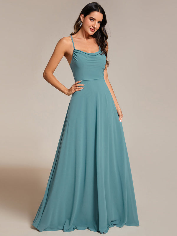 Spaghetti Straps Draped Collar Floor Length Bridesmaid Dress