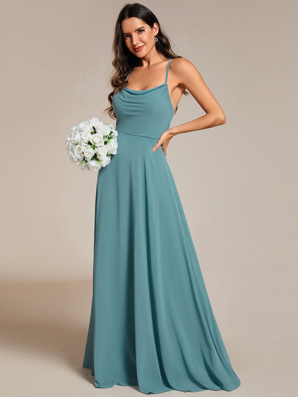 Spaghetti Straps Draped Collar Floor Length Bridesmaid Dress