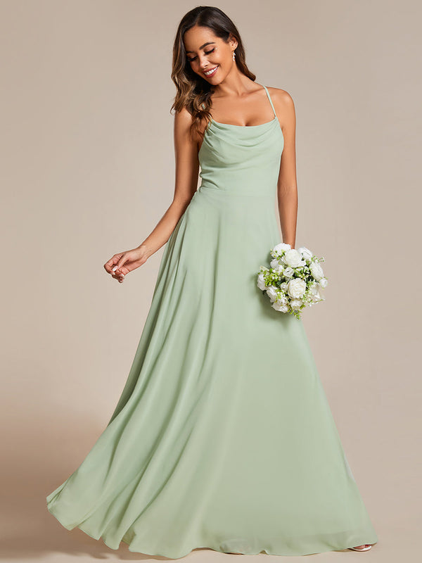 Spaghetti Straps Draped Collar Floor Length Bridesmaid Dress