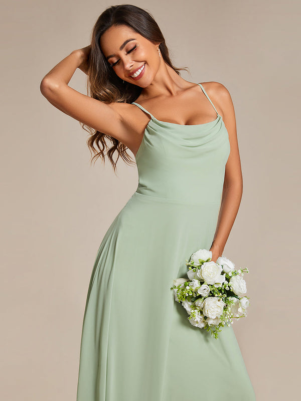 Spaghetti Straps Draped Collar Floor Length Bridesmaid Dress