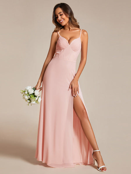 Chiffon Spaghetti Strap Bridesmaid Dress with High Split