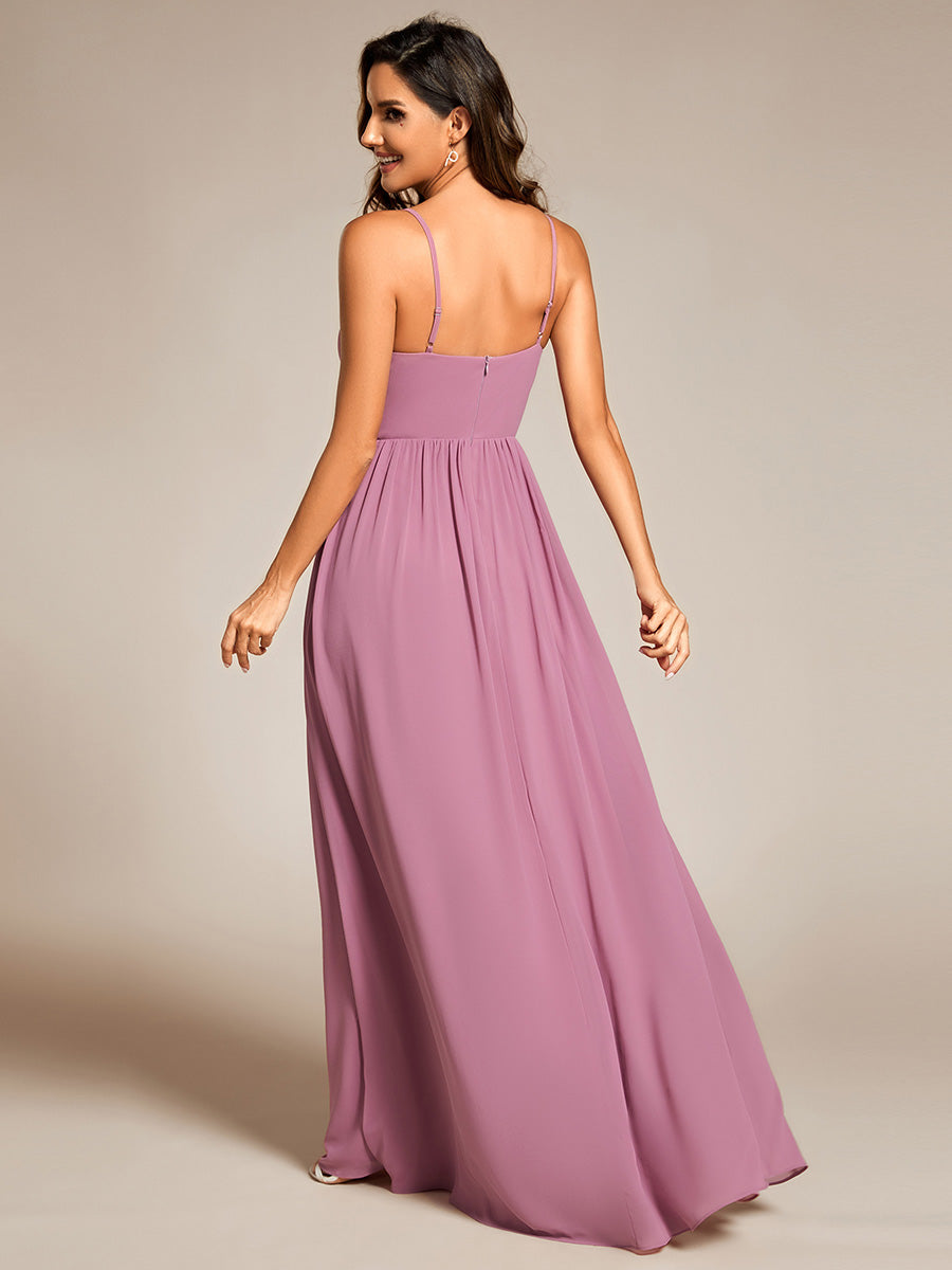 Elegant Spaghetti Straps Deep V Neck A-Line Ruched Lotus Leaf Empire Waist Chiffon Bridesmaids Dress - CALABRO®