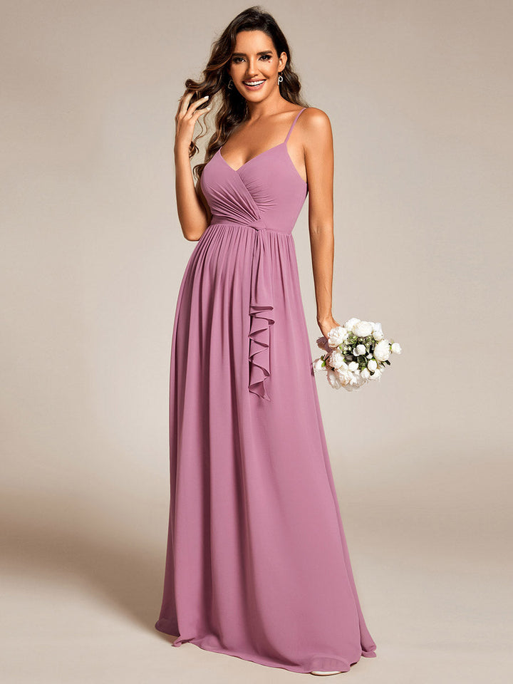 Elegant Spaghetti Straps Deep V Neck A-Line Ruched Lotus Leaf Empire Waist Chiffon Bridesmaids Dress - CALABRO®