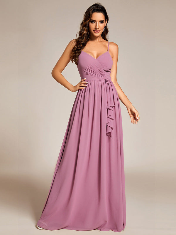 Elegant Spaghetti Straps Deep V Neck A-Line Ruched Lotus Leaf Empire Waist Chiffon Bridesmaids Dress