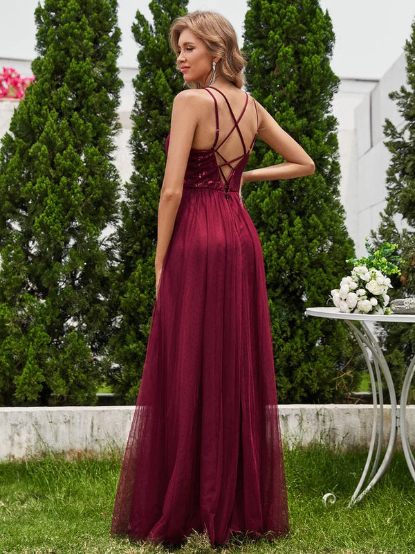 Shimmer Cross-Back Straps Tulle Bridesmaid Dress with sleeveless