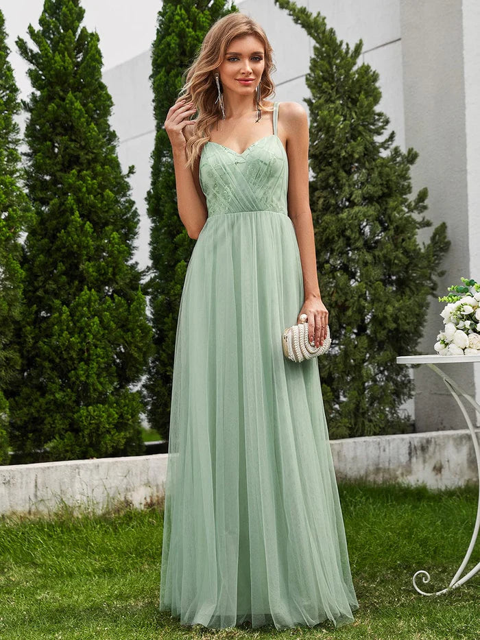 Shimmer Cross-Back Straps Tulle Bridesmaid Dress with sleeveless - CALABRO®