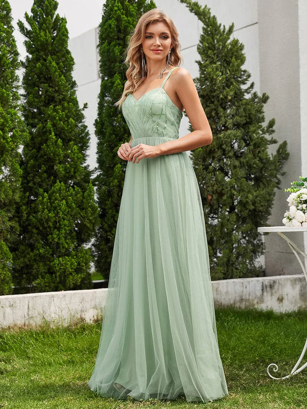 Shimmer Cross-Back Straps Tulle Bridesmaid Dress with sleeveless