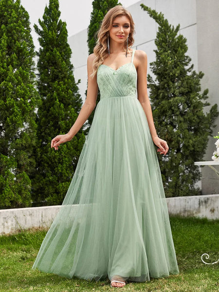 Shimmer Cross-Back Straps Tulle Bridesmaid Dress with sleeveless