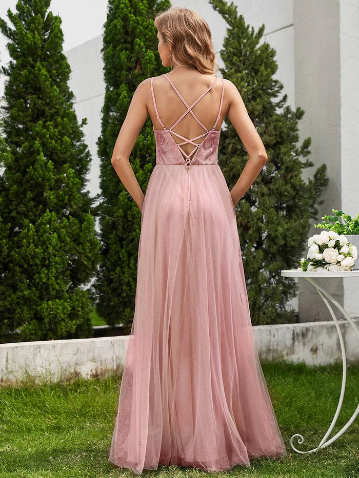 Shimmer Cross-Back Straps Tulle Bridesmaid Dress with sleeveless - CALABRO®