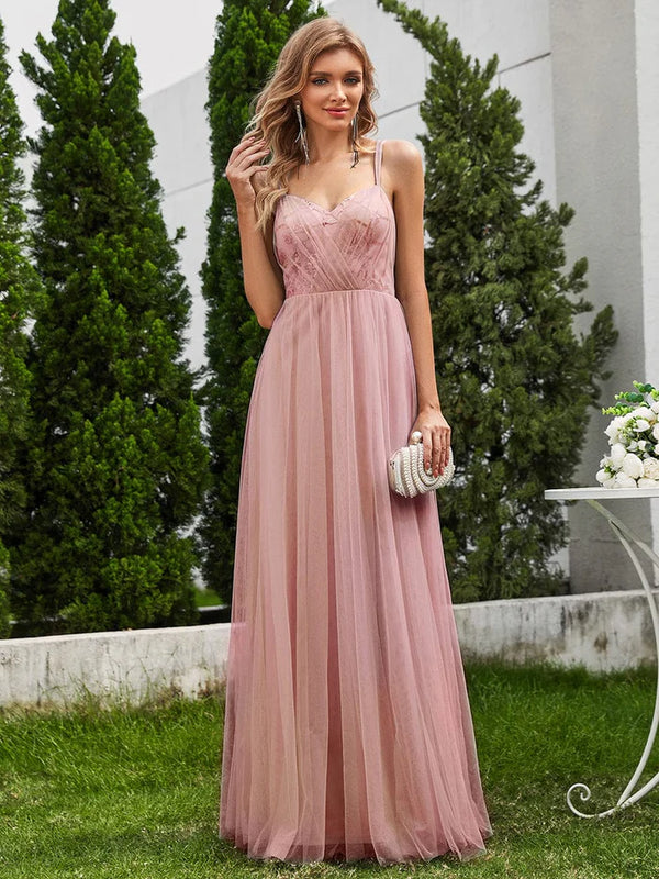 Shimmer Cross-Back Straps Tulle Bridesmaid Dress with sleeveless