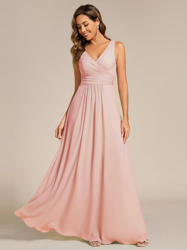 Asymmetrical Sleeveless V-Neck A-Line Floor-Length Bridesmaid Dress