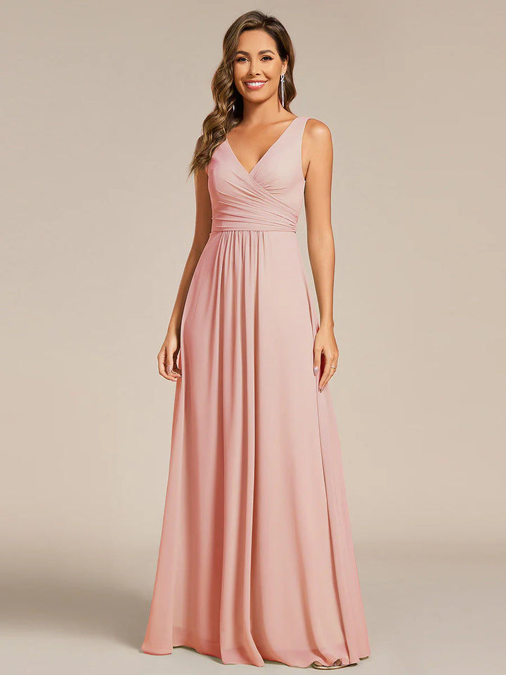 Asymmetrical Sleeveless V-Neck A-Line Floor-Length Bridesmaid Dress