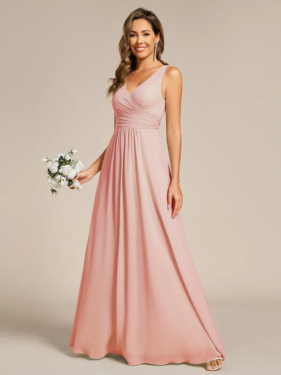 Asymmetrical Sleeveless V-Neck A-Line Floor-Length Bridesmaid Dress