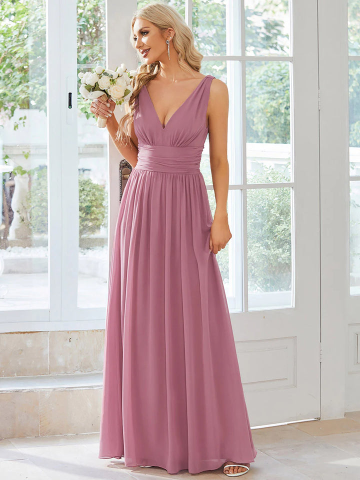 Elegant Double V-Neck Maxi Long Bridesmaid Dresses