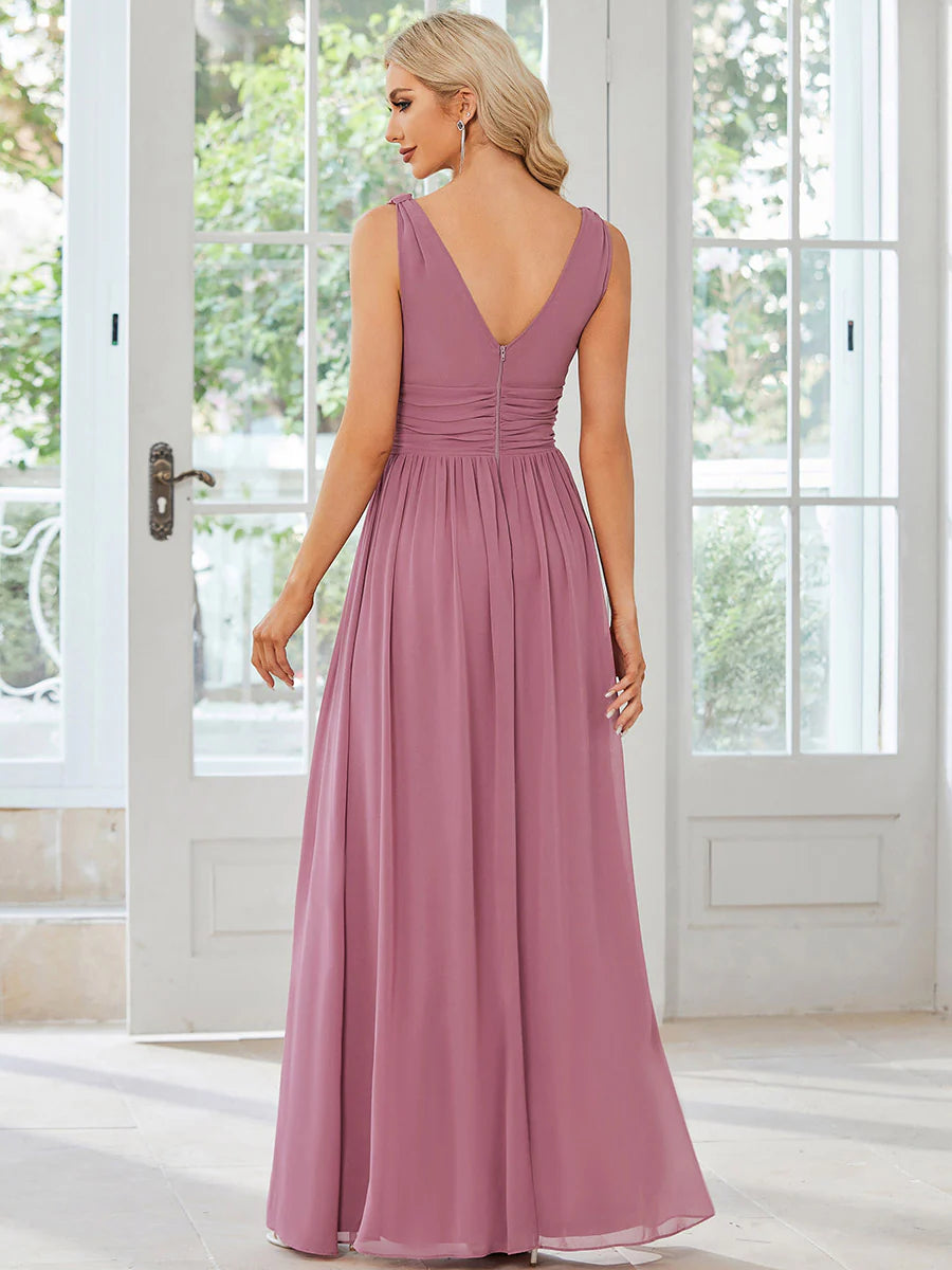 Elegant Double V-Neck Maxi Long Bridesmaid Dresses