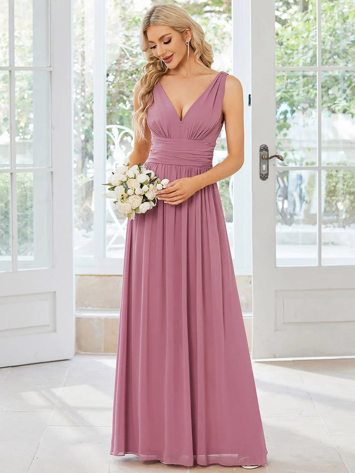 Elegant Double V-Neck Maxi Long Bridesmaid Dresses