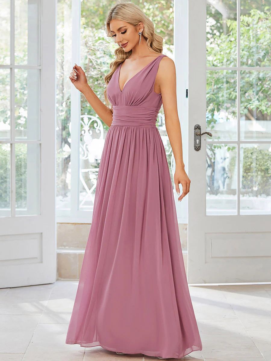 Elegant Double V-Neck Maxi Long Bridesmaid Dresses