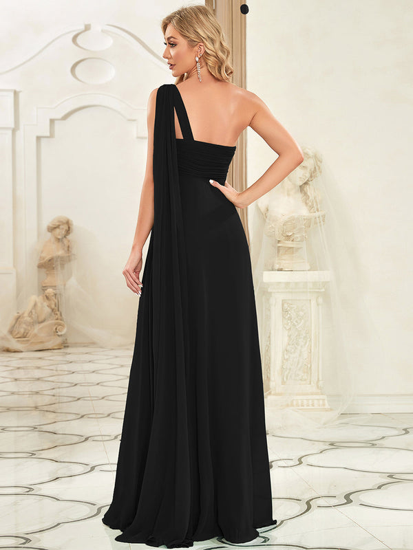 Elegant Pleated A-Line Floor Length One Shoulder Sleeveless Bridesmaids Dress