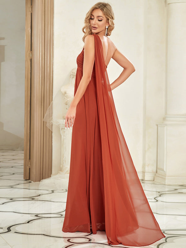 Elegant Pleated A-Line Floor Length One Shoulder Sleeveless Bridesmaids Dress