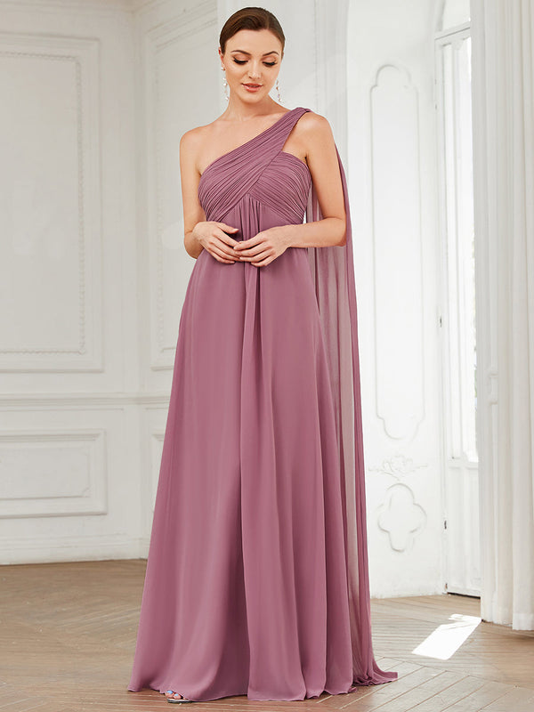 Elegant Pleated A-Line Floor Length One Shoulder Sleeveless Bridesmaids Dress