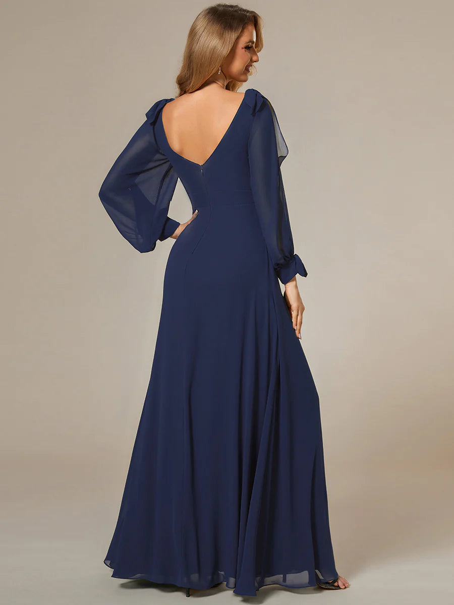 Long Lantern Sleeves A Line V Neck Bridesmaid Dresses - CALABRO®