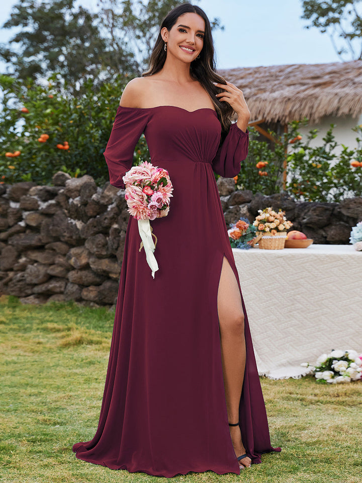 Chiffon Maxi Long One Shoulder Evening Dresses With Lantern Sleeves - CALABRO®