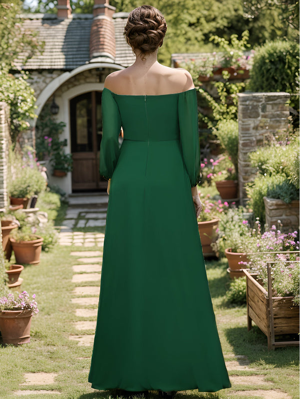 Chiffon Maxi Long One Shoulder Evening Dresses With Lantern Sleeves