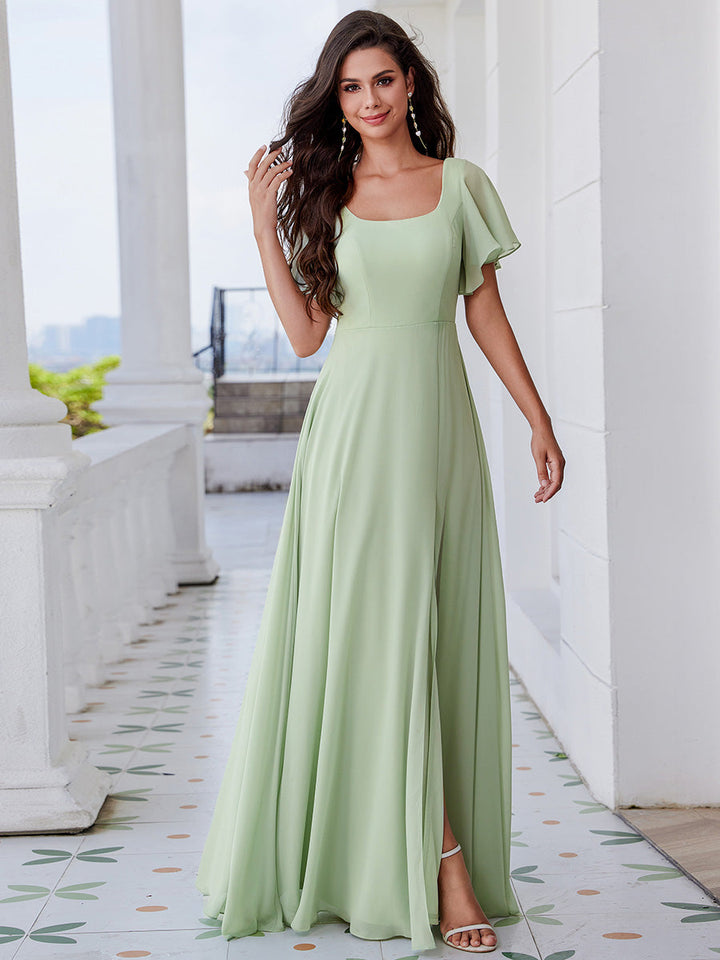 Graceful Short Sleeves Lotus Leaf Backless Bridesmaids Dress Frenulum knotting A-Line Chiffon Dresses - CALABRO®