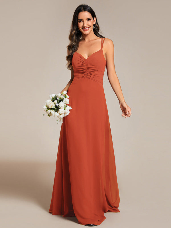 Elegant V Neck Spaghetti Straps Bridesmaids Dress Ruched Empire Waist Floor Length Chiffon Dresses