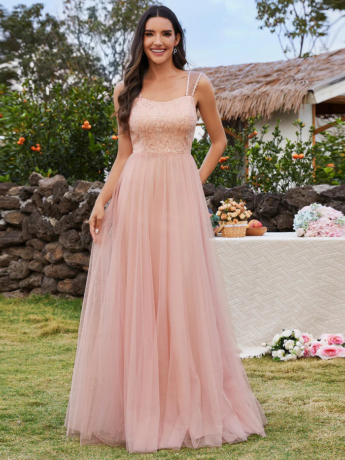 Tulle Sweetheart Spaghetti Strap Embroidery Sequin Bridesmaid Dress - CALABRO®