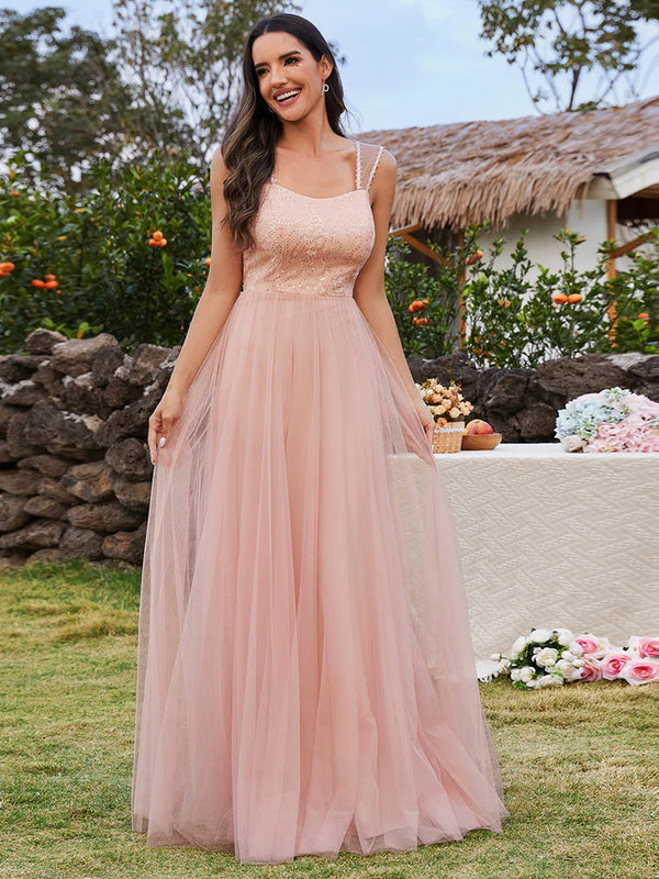 Tulle Sweetheart Spaghetti Strap Embroidery Sequin Bridesmaid Dress