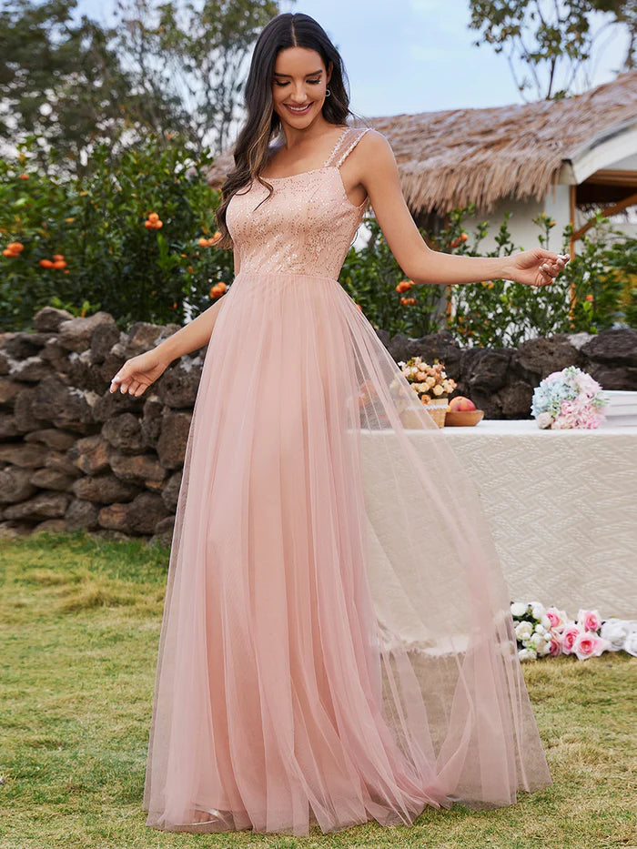 Tulle Sweetheart Spaghetti Strap Embroidery Sequin Bridesmaid Dress - CALABRO®