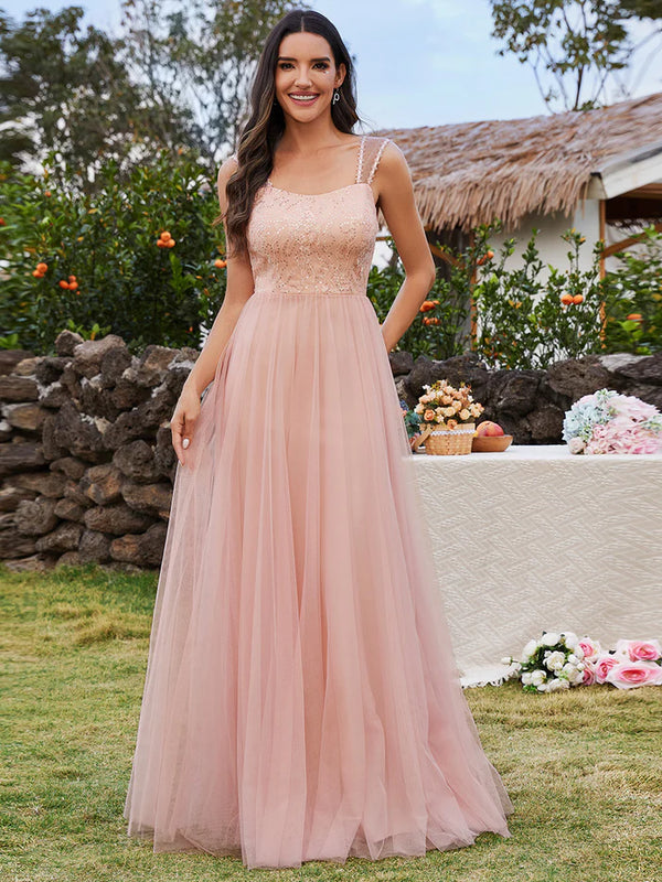 Tulle Sweetheart Spaghetti Strap Embroidery Sequin Bridesmaid Dress