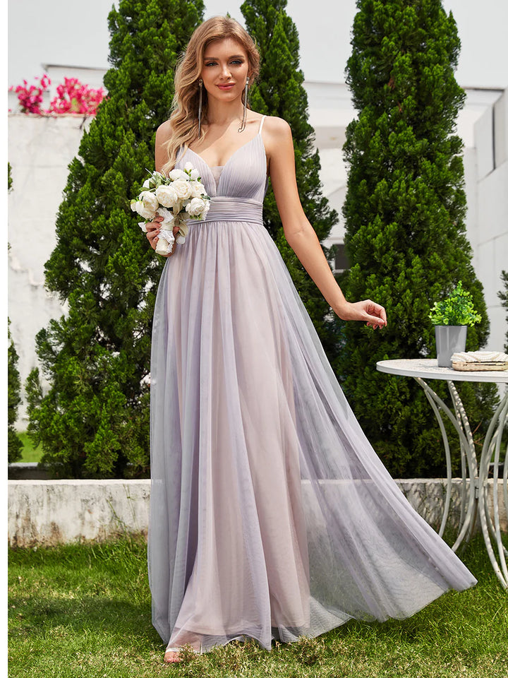 Simple Deep V Neck See-Through Empire Waist Tulle Dresses Spaghetti Straps Backless A-Line Bridesmaids Dress - CALABRO®