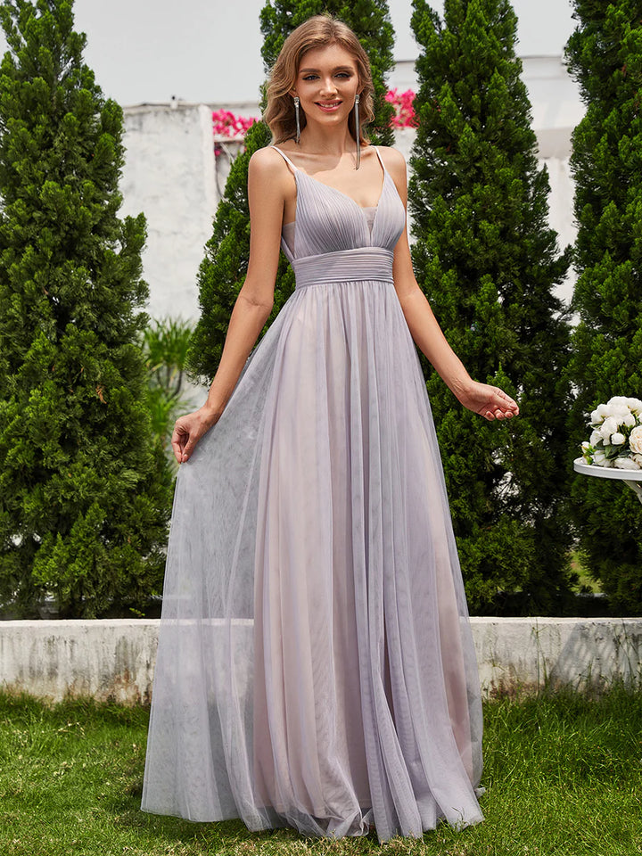 Simple Deep V Neck See-Through Empire Waist Tulle Dresses Spaghetti Straps Backless A-Line Bridesmaids Dress - CALABRO®