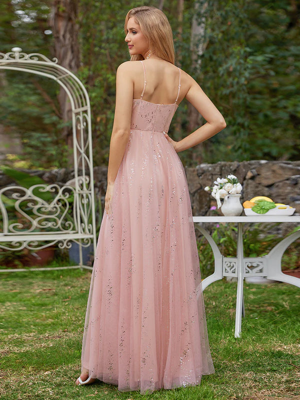 Tulle V Neck Spaghetti Strap Bodice Sequin Bridesmaid Dress