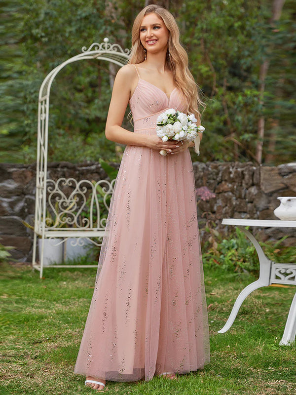 Tulle V Neck Spaghetti Strap Bodice Sequin Bridesmaid Dress