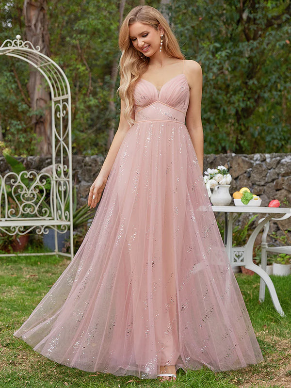 Tulle V Neck Spaghetti Strap Bodice Sequin Bridesmaid Dress