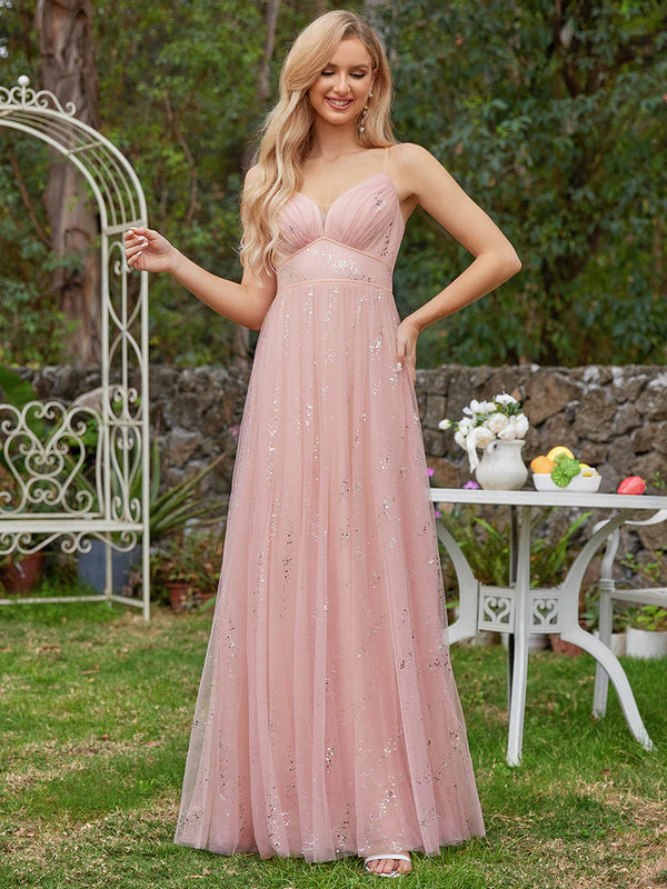 Tulle V Neck Spaghetti Strap Bodice Sequin Bridesmaid Dress