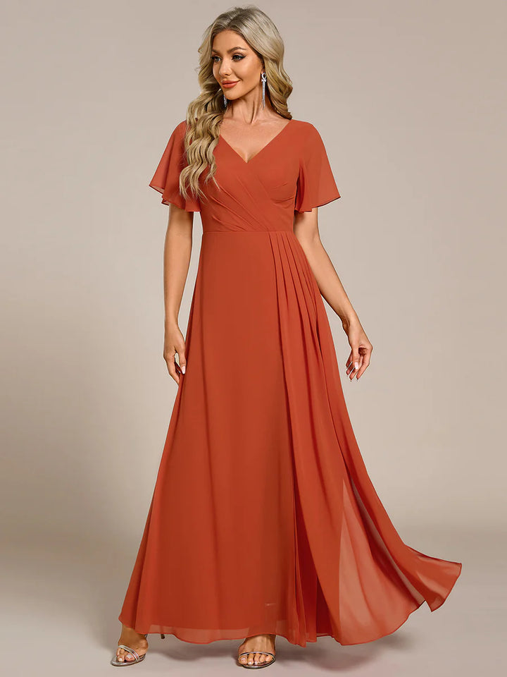 Elegant Lotus Leaf Ruffles Sleeve asymmetrical Ruched Empire Waist Chiffon Evening Dresses - CALABRO®