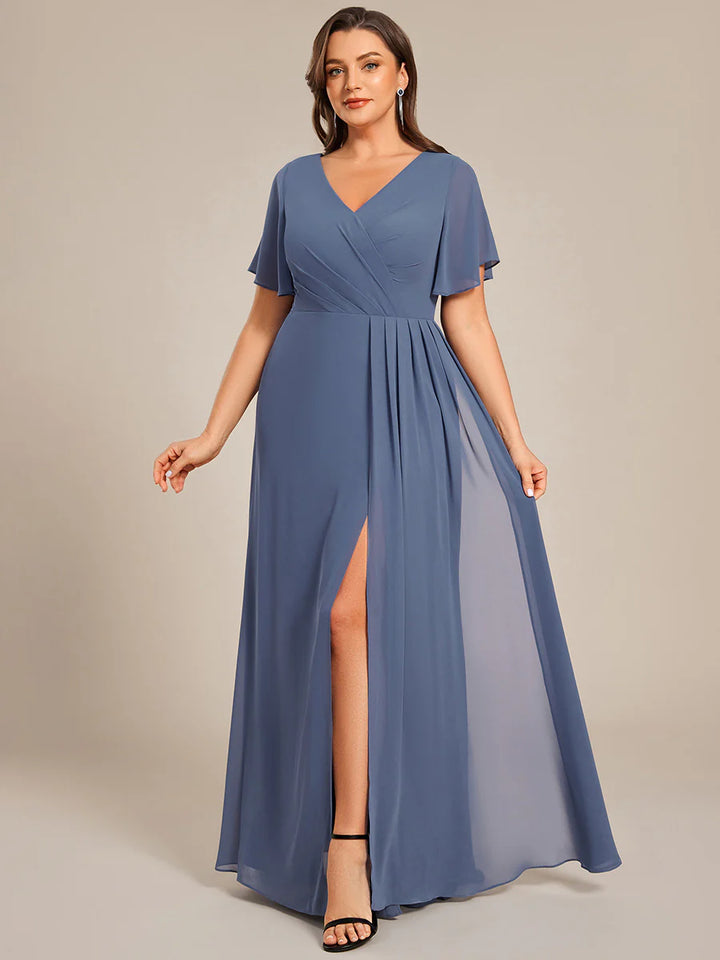 Plus Size Lotus Leaf Ruffles Sleeve Asymmetrical Ruched Empire Waist Chiffon Evening Dresses