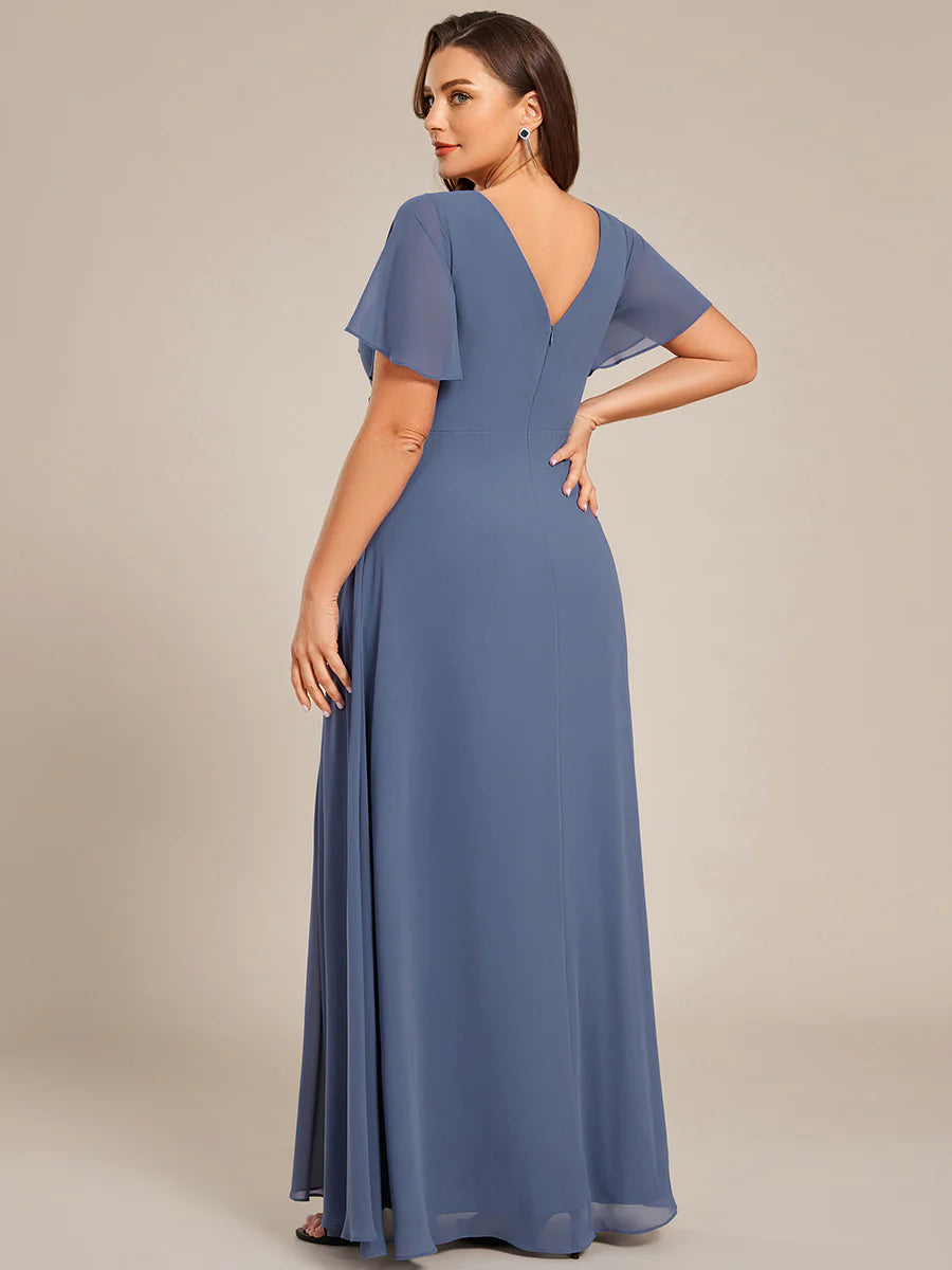 Plus Size Lotus Leaf Ruffles Sleeve Asymmetrical Ruched Empire Waist Chiffon Evening Dresses