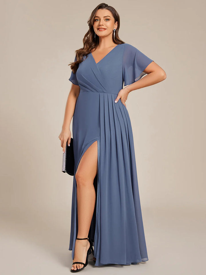 Plus Size Lotus Leaf Ruffles Sleeve Asymmetrical Ruched Empire Waist Chiffon Evening Dresses