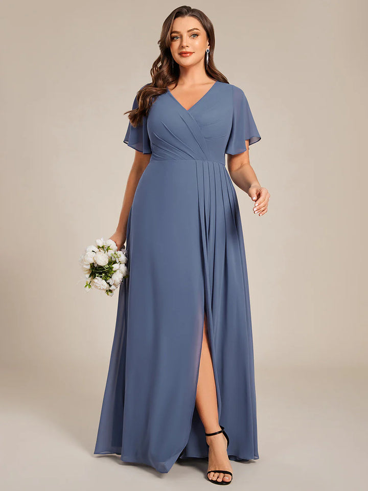 Plus Size Lotus Leaf Ruffles Sleeve Asymmetrical Ruched Empire Waist Chiffon Evening Dresses