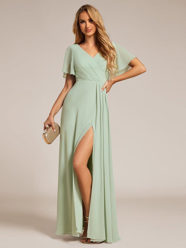 Elegant Lotus Leaf Ruffles Sleeve asymmetrical Ruched Empire Waist Chiffon Evening Dresses - CALABRO®